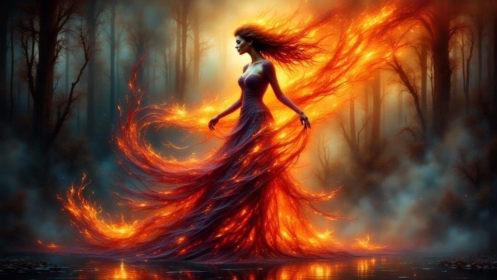 Ethereal Flame Woman in Dreamlike Scene