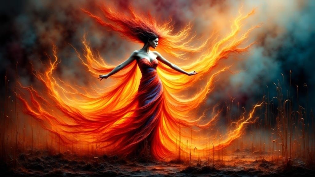 Fiery Woman Dancing in a Dreamlike Art Nouveau Style