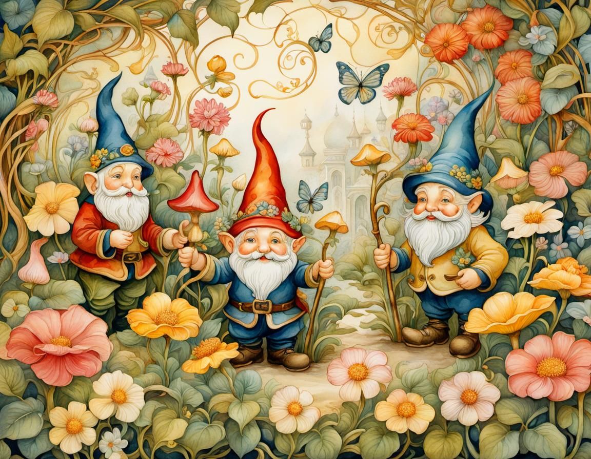 Whimsical Garden Gnomes in Art Nouveau Style
