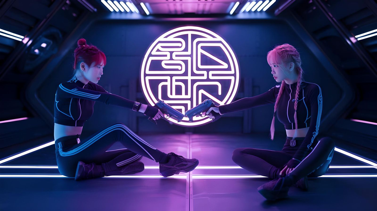 Two Korean Females in Futuristic Space Setting with Neon Acc...