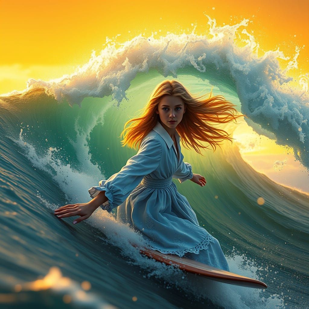 Mysterious Sunset Surfer in a Fantastical World