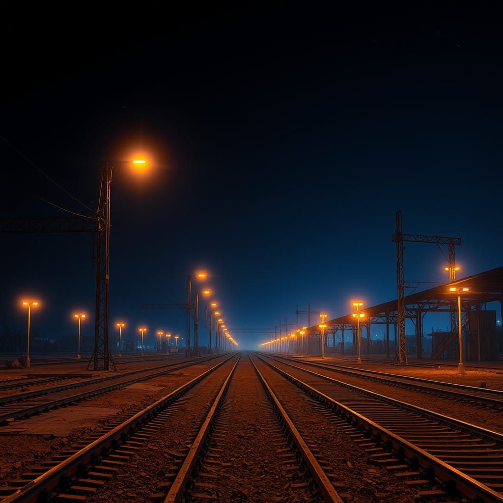 Abandoned Train Yard Under Midnight Orange Glow