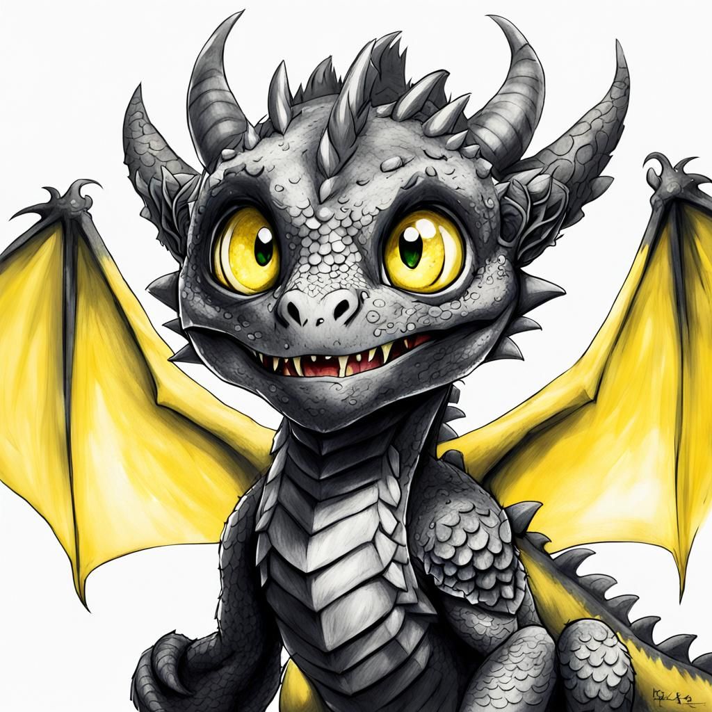 Cute Charcoal Dragon with Big Yellow Eyes