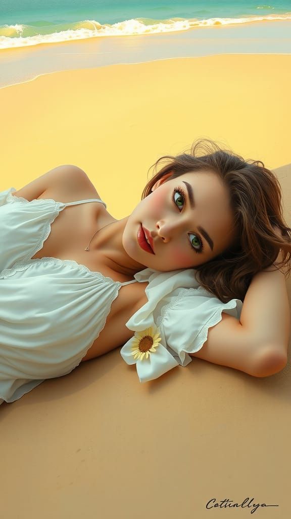 Woman on Beach in Romantic Impressionism Style