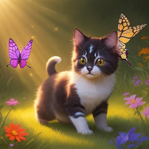 Vibrant Chibi Cat Soars in Morning Sunlight