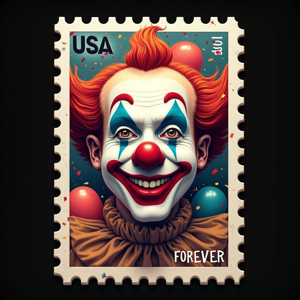 Realistic USA Postage Stamp Illustration with Clown Face
