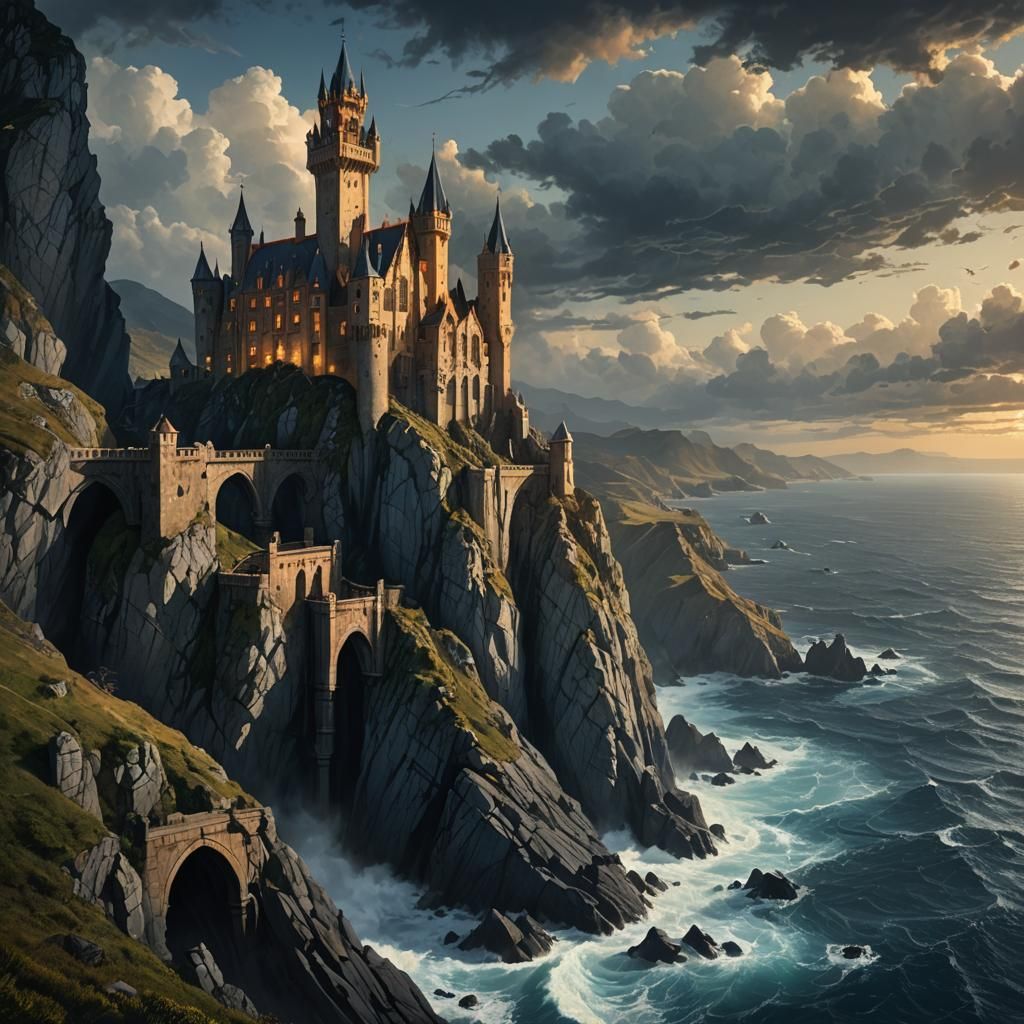 Twisted Gothic Castle Hangs Above Turbulent Asturias Ocean