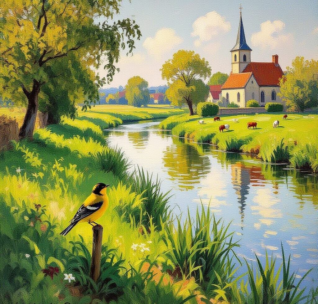 Churchyard Scene with Yellow Bird