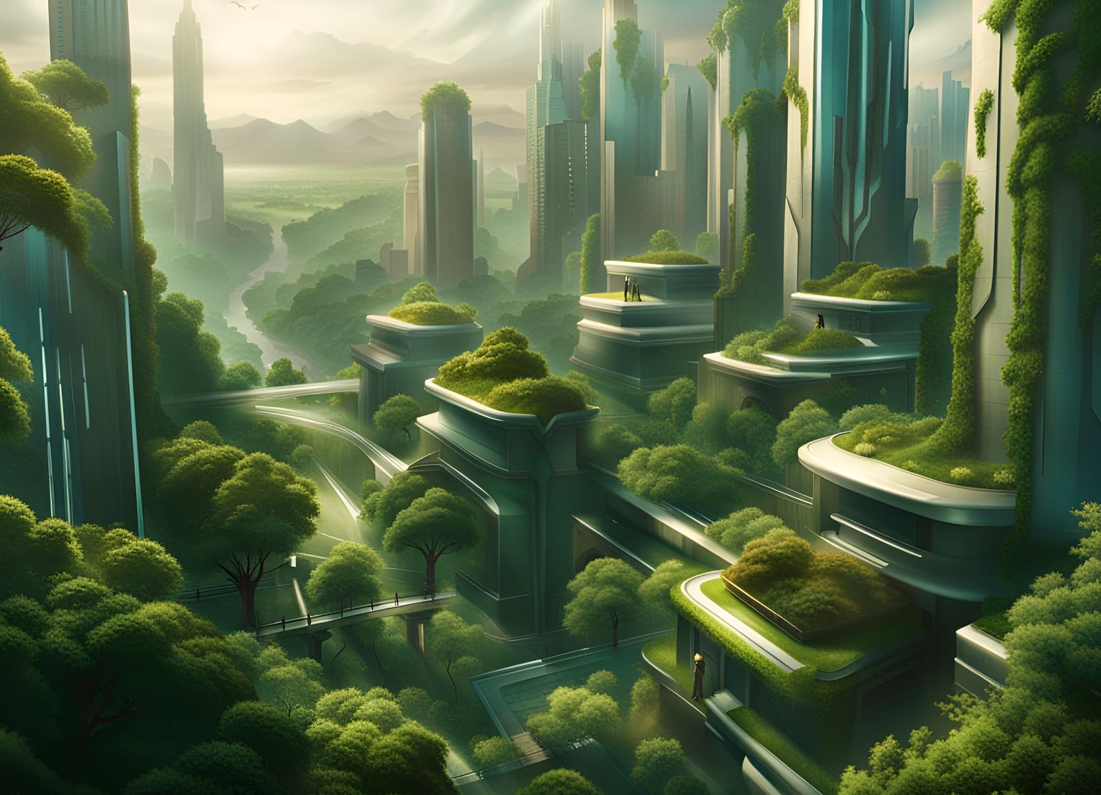 Eco-Friendly Futuristic Metropolis in a Vibrant Green Landsc...