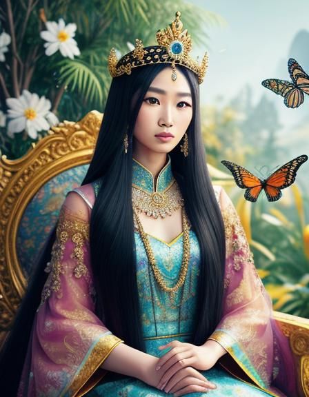 Elegantly Attired Oriental Princess in Vibrant Throne Room