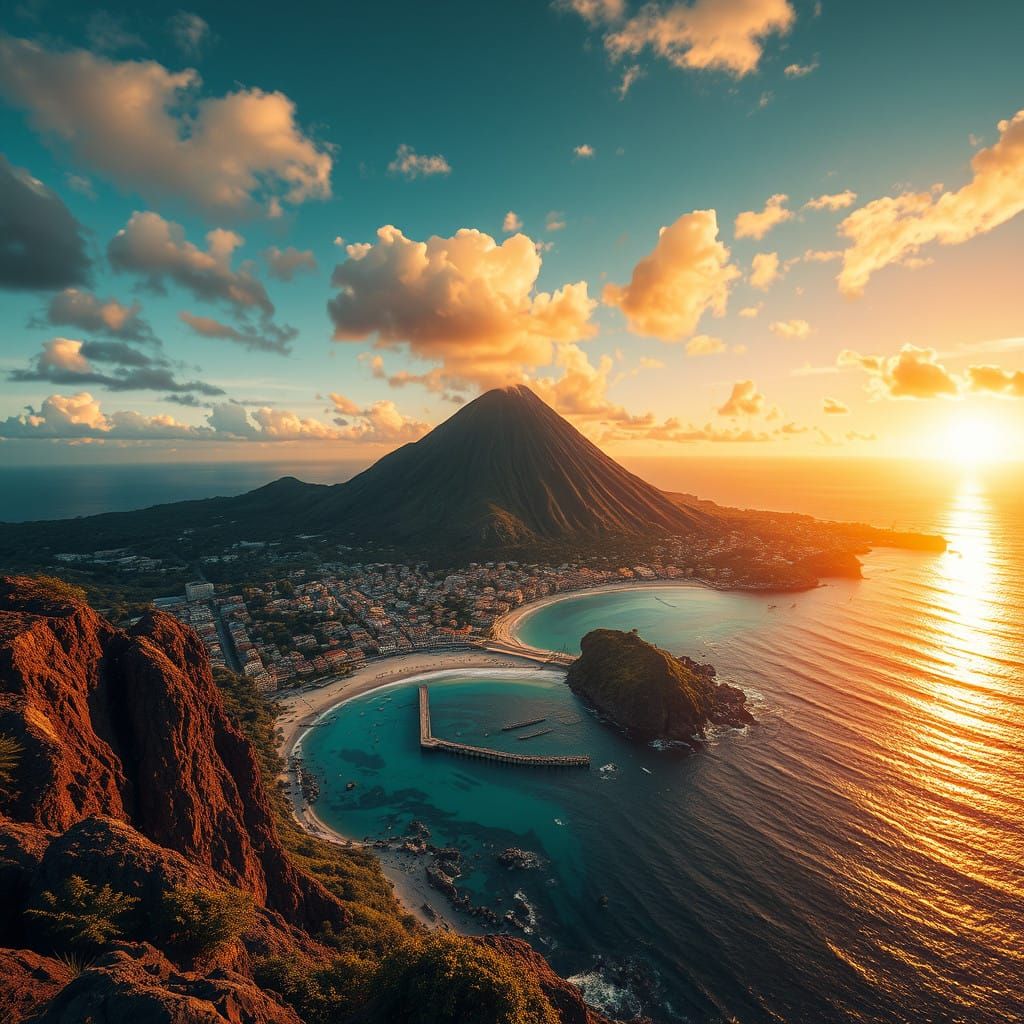 Surreal Tropical Volcano Metropolis in Vibrant Sunset