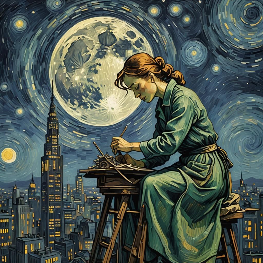 Woman Building Skyscraper Under Full Moon in Neo-Impressioni...