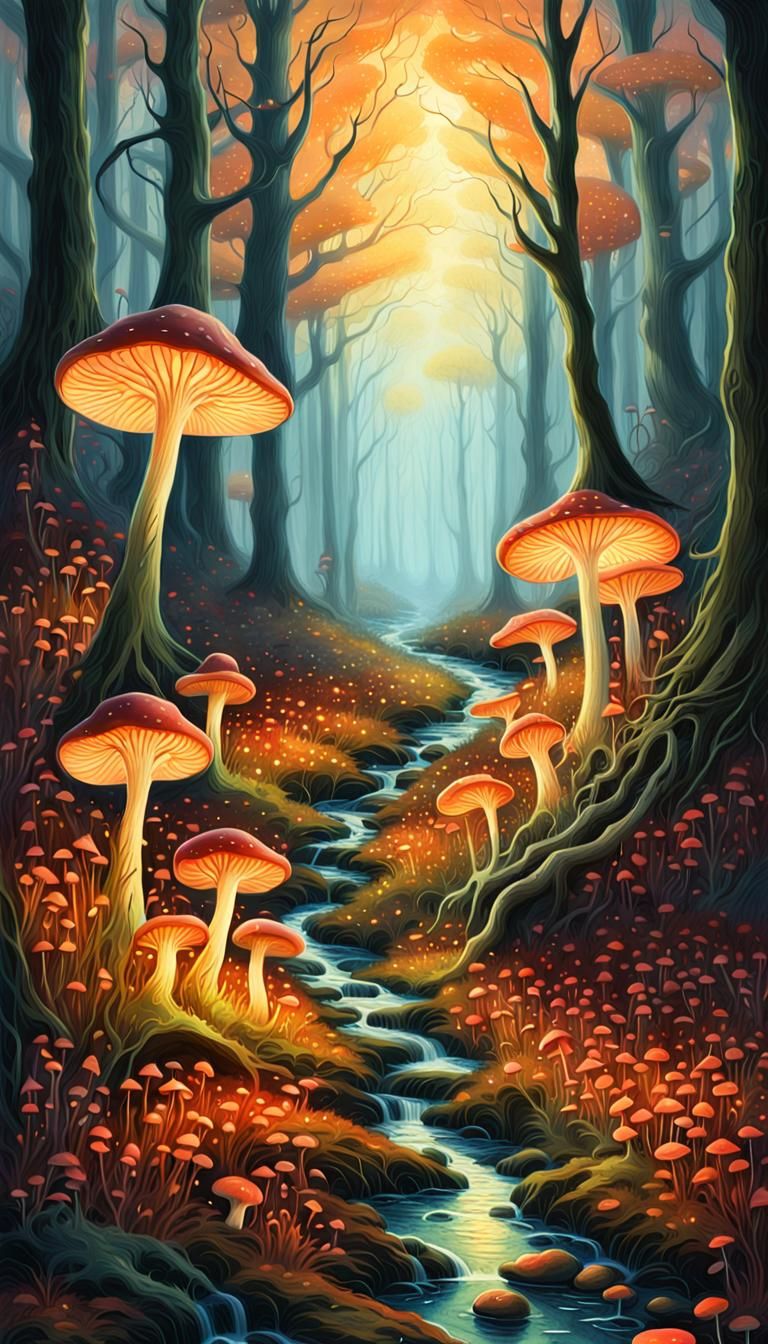 Autumn Forest Path Illuminated by Glowing Mushrooms