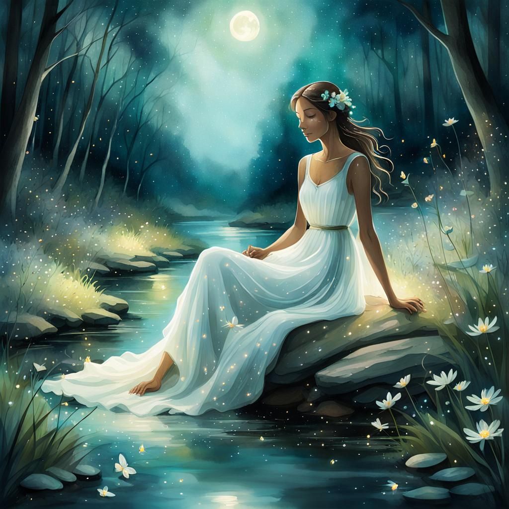 Dreamy Whimsical Forest Scene Under Full Moonlight