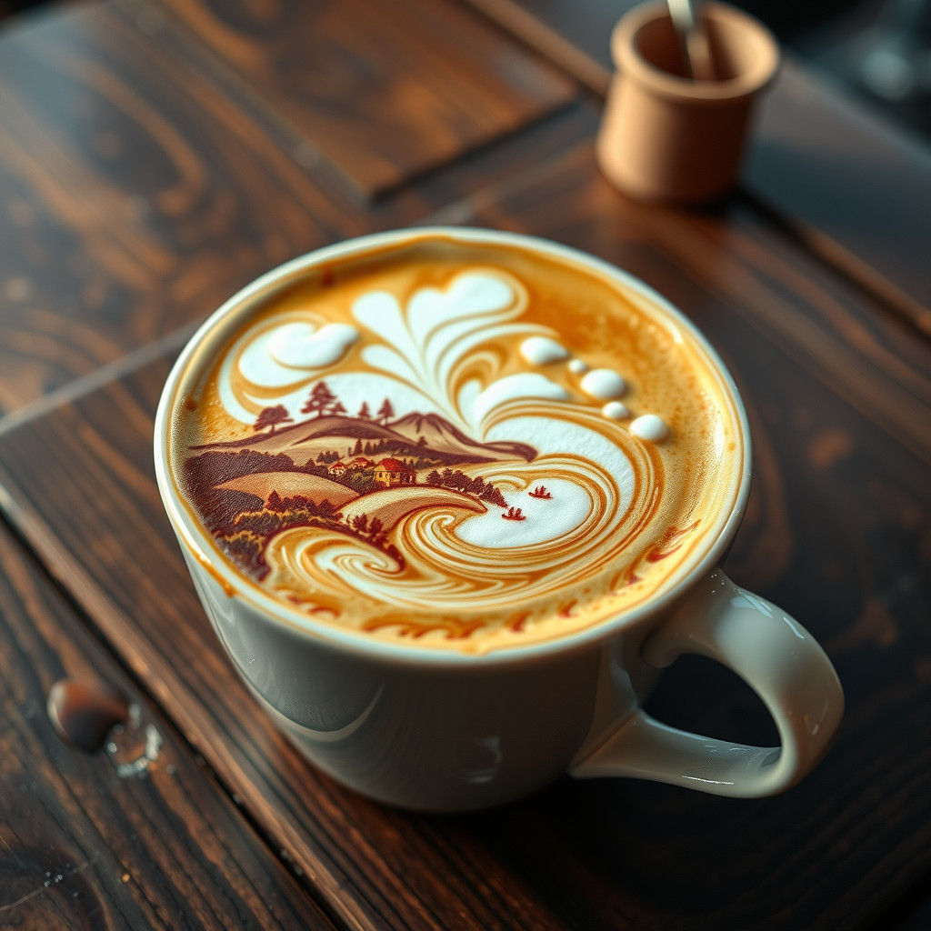 Surreal Latte Art Landscape in Hyper-Realistic Style