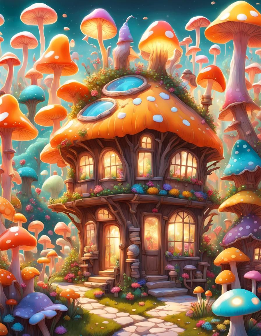 Whimsical Fairy Town in a Candy-Colored Mushroom House
