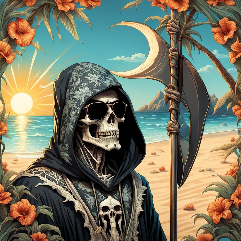 Grim Reaper on Beach, Wearing Sunglasses in Warm Beige Light