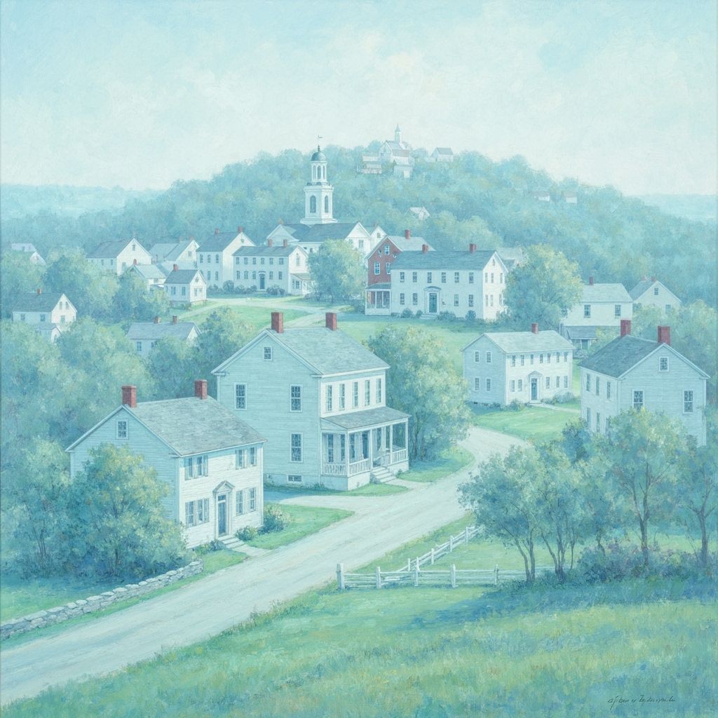 New England Town Watercolor Painting from Hilltop View