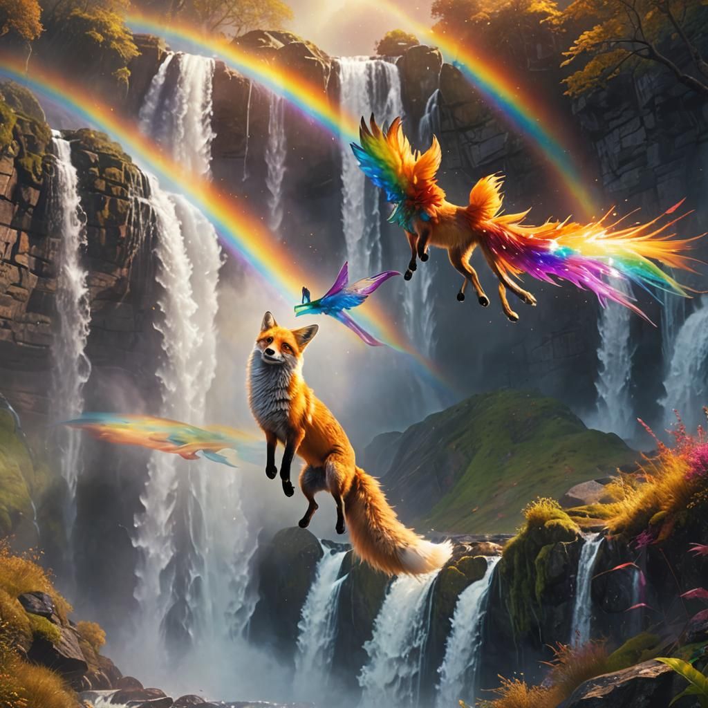 Fox Spreads Rainbow Wings Over Vibrant Waterfall in Iridesce...
