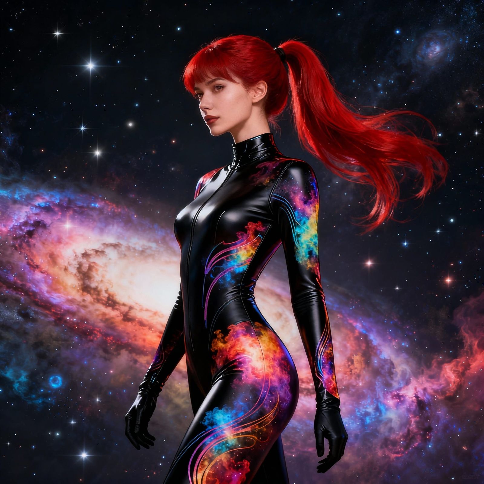Nebula Catsuit Woman in Elegant Power Stance