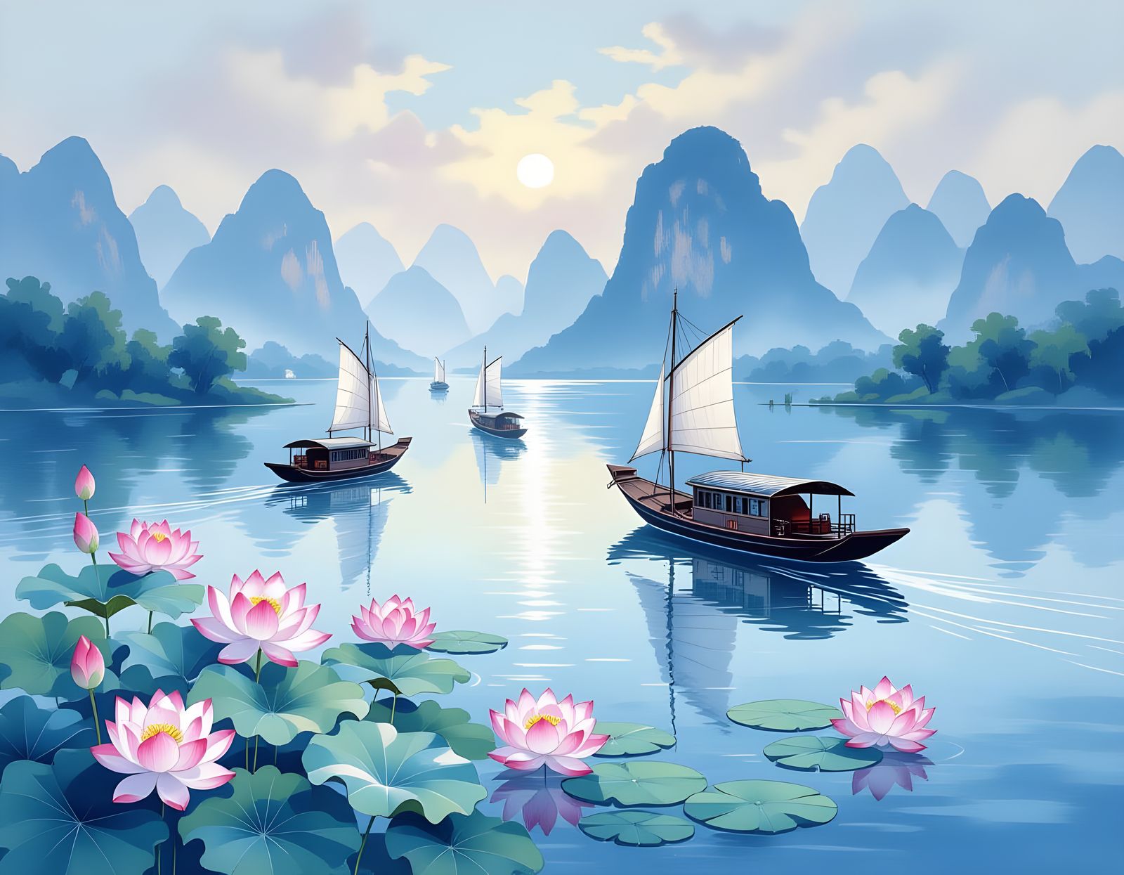 Guilin Mountains with Asian Boats and Lotus Blossoms