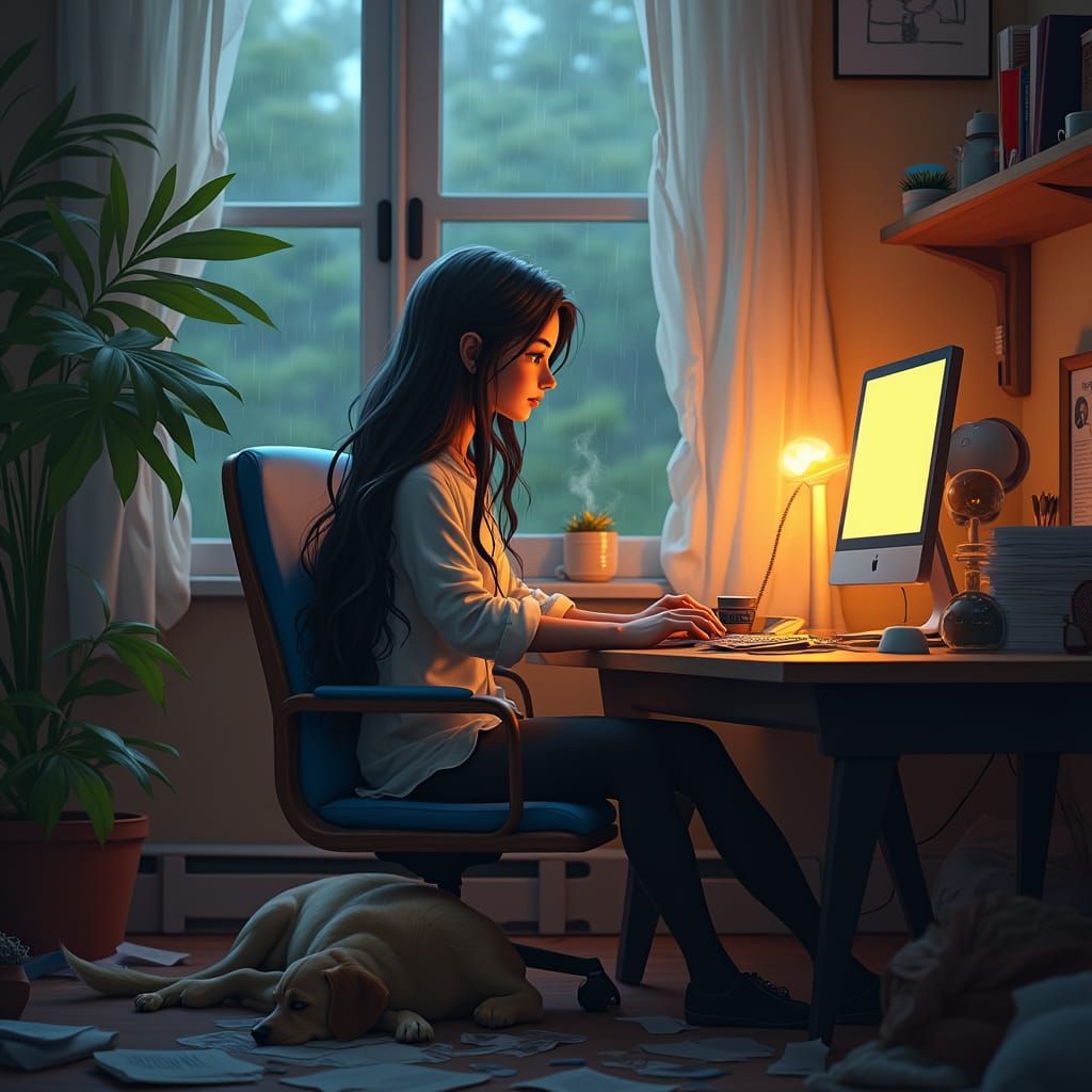 Serene Digital Artist at Work in Mystical Home Office