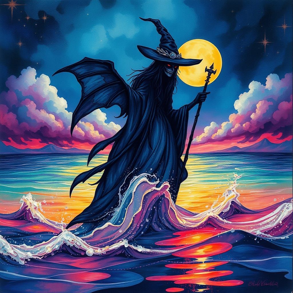 Ethereal Witch Conjuring Water in Neo-Impressionism Style