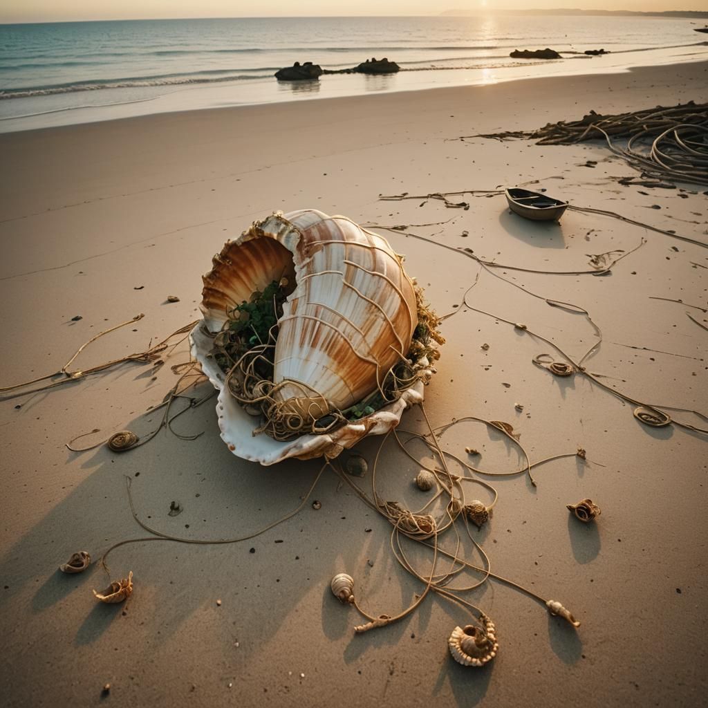 Dreamlike Beach Scene with Shell and Creepers in Vibrant Lig...