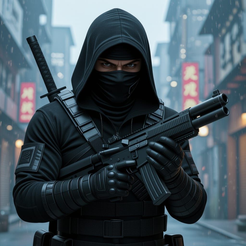 Dystopian Ninja with Gun in Gritty Urban Scene
