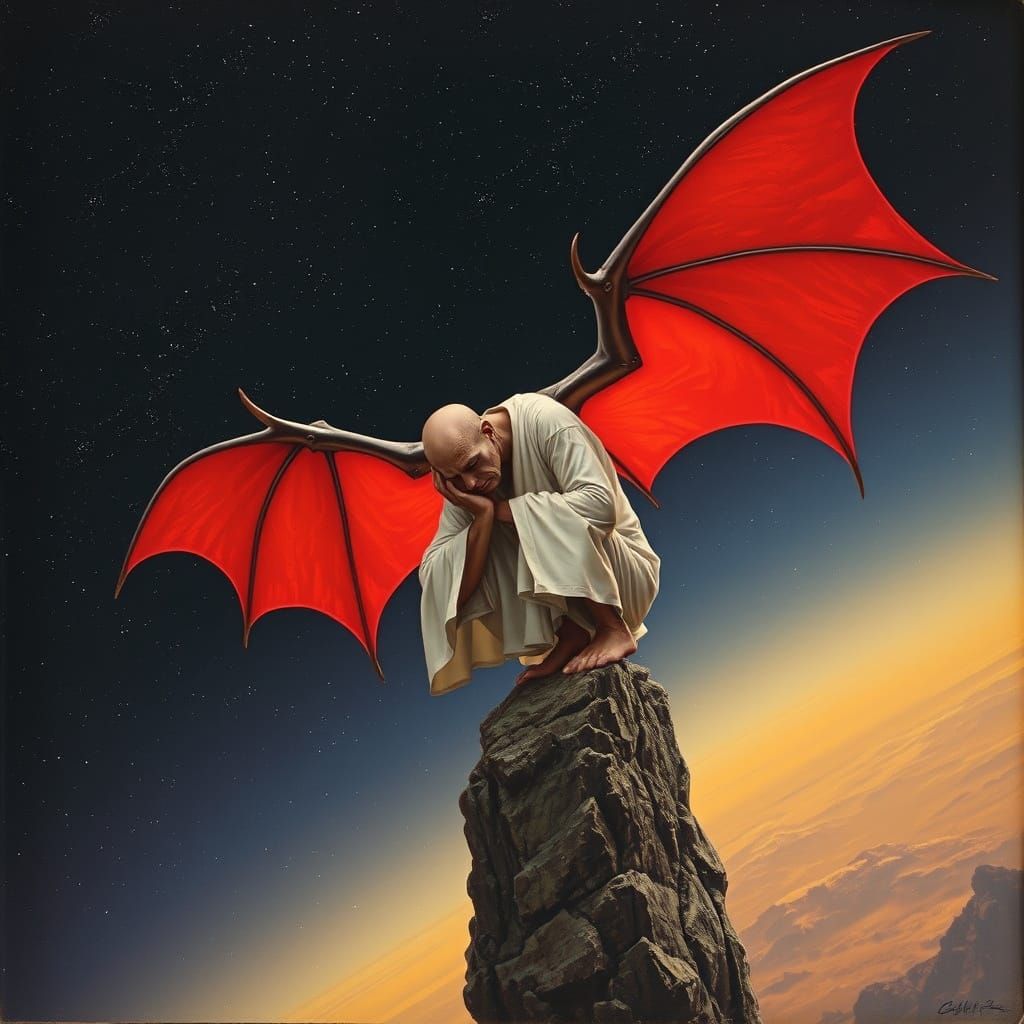 Contemplative Winged Figure in Cosmic Landscape