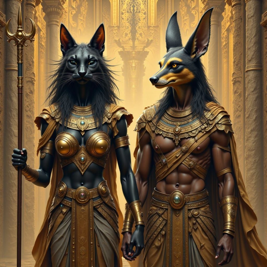 Egyptian Gods Bastet and Anubis with Animal Heads