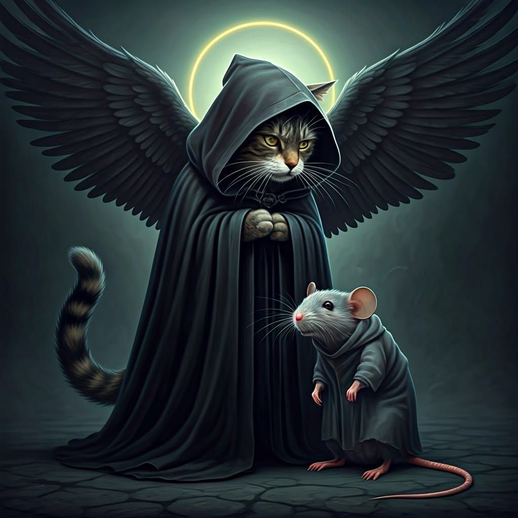 Whiskered Angel of Death in Dark Cloak