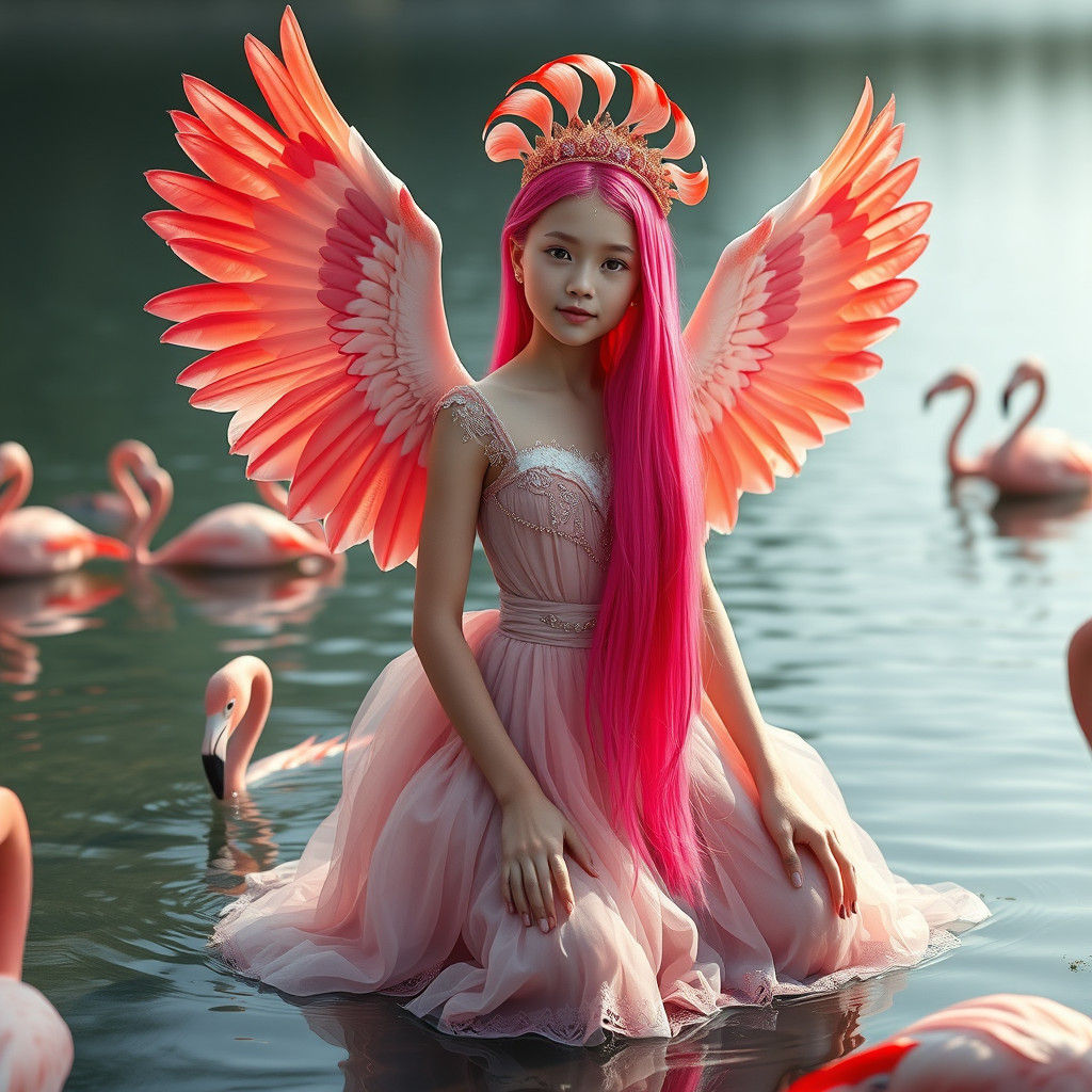 Ethereal Flamingo Maiden in Pastel Pink Wonders