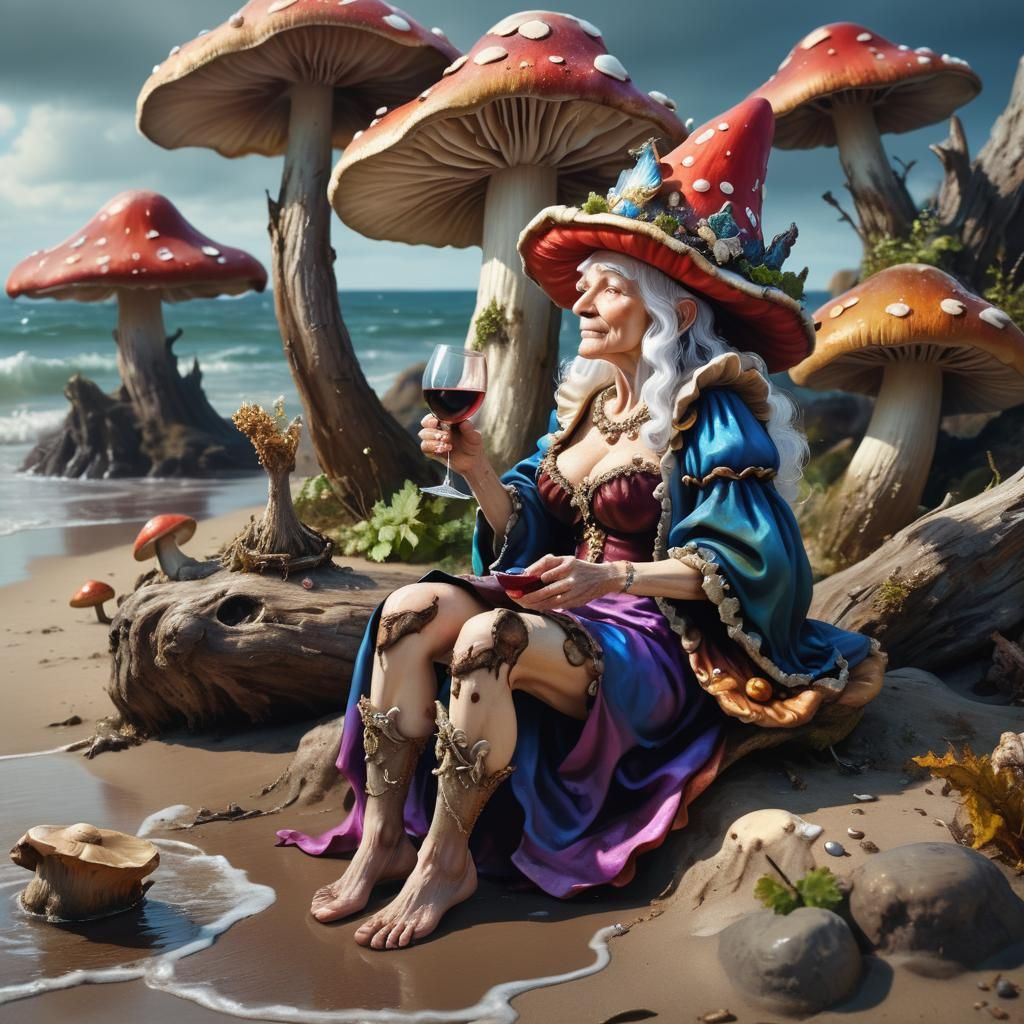 Whimsical Oil Painting of Elderly Mushroom Queen on Beach