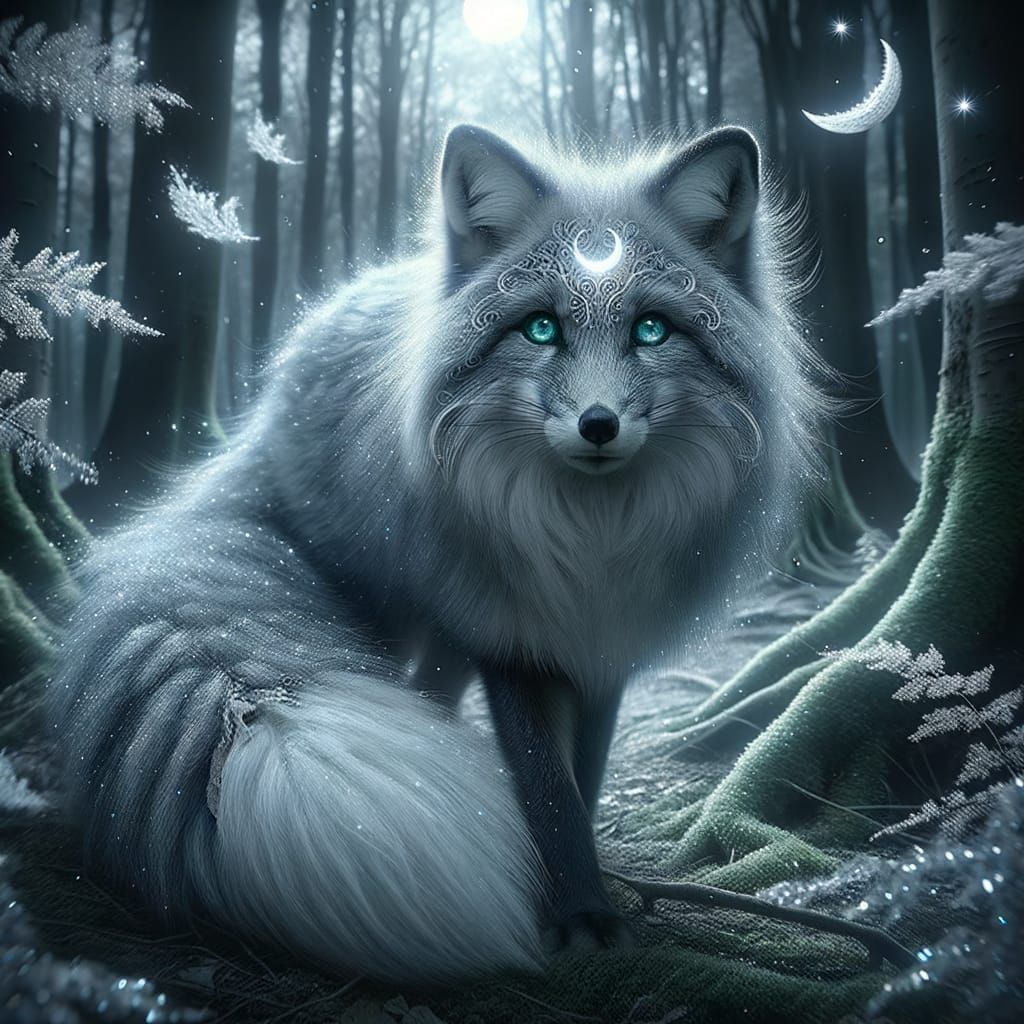 Mystical Lunar Fox in Dreamlike Moonlit Forest
