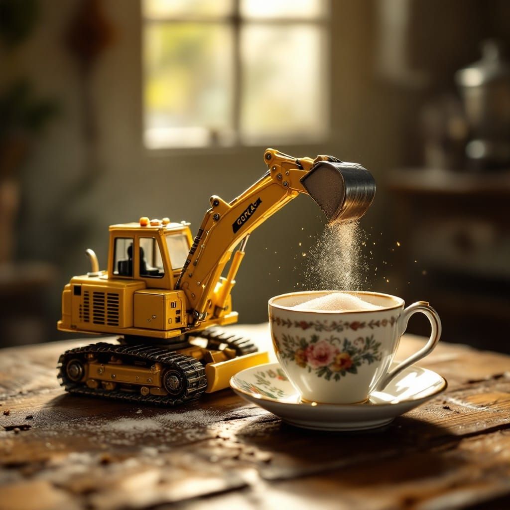 Tiny Backhoe Digs Sugar in Golden-Lit Kitchen Scene