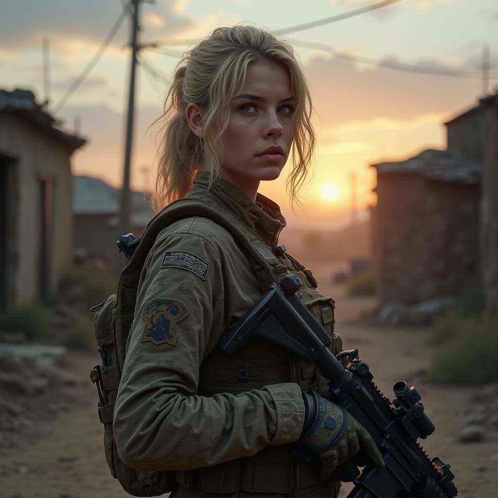 Surreal Hyper-Realistic Portrait of a Blond Female Soldier i...