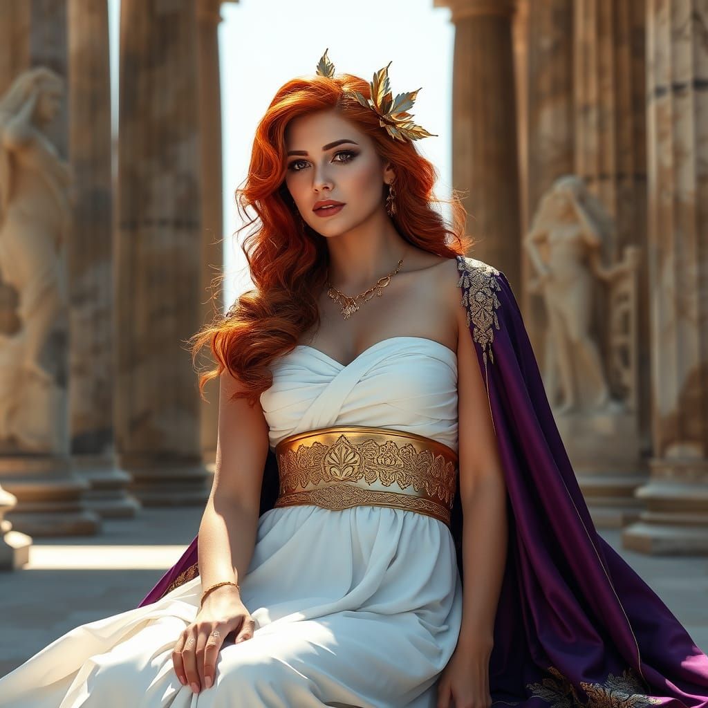 Elegant Woman in Roman Setting with Golden Leaf Headpiece
