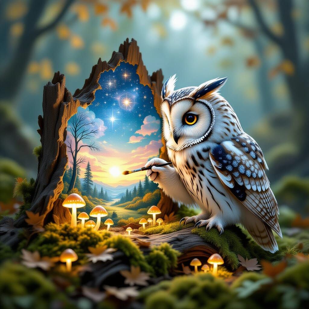 Ethereal Owl Paints Celestial Scene on Bark