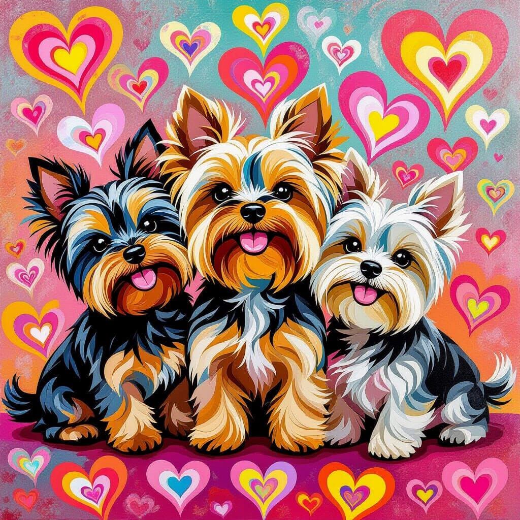 Yorkshire Terriers Surrounded by Swirling Hearts