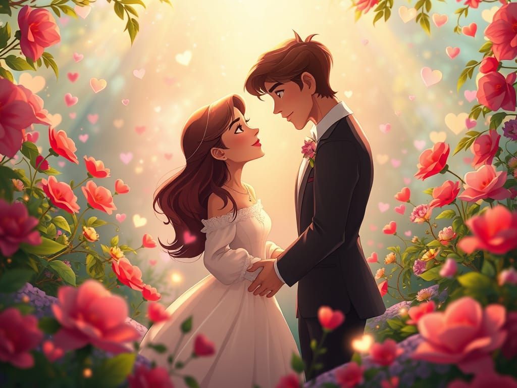 Romantic Disney-Inspired Scene with Whimsical Hearts and Flo...