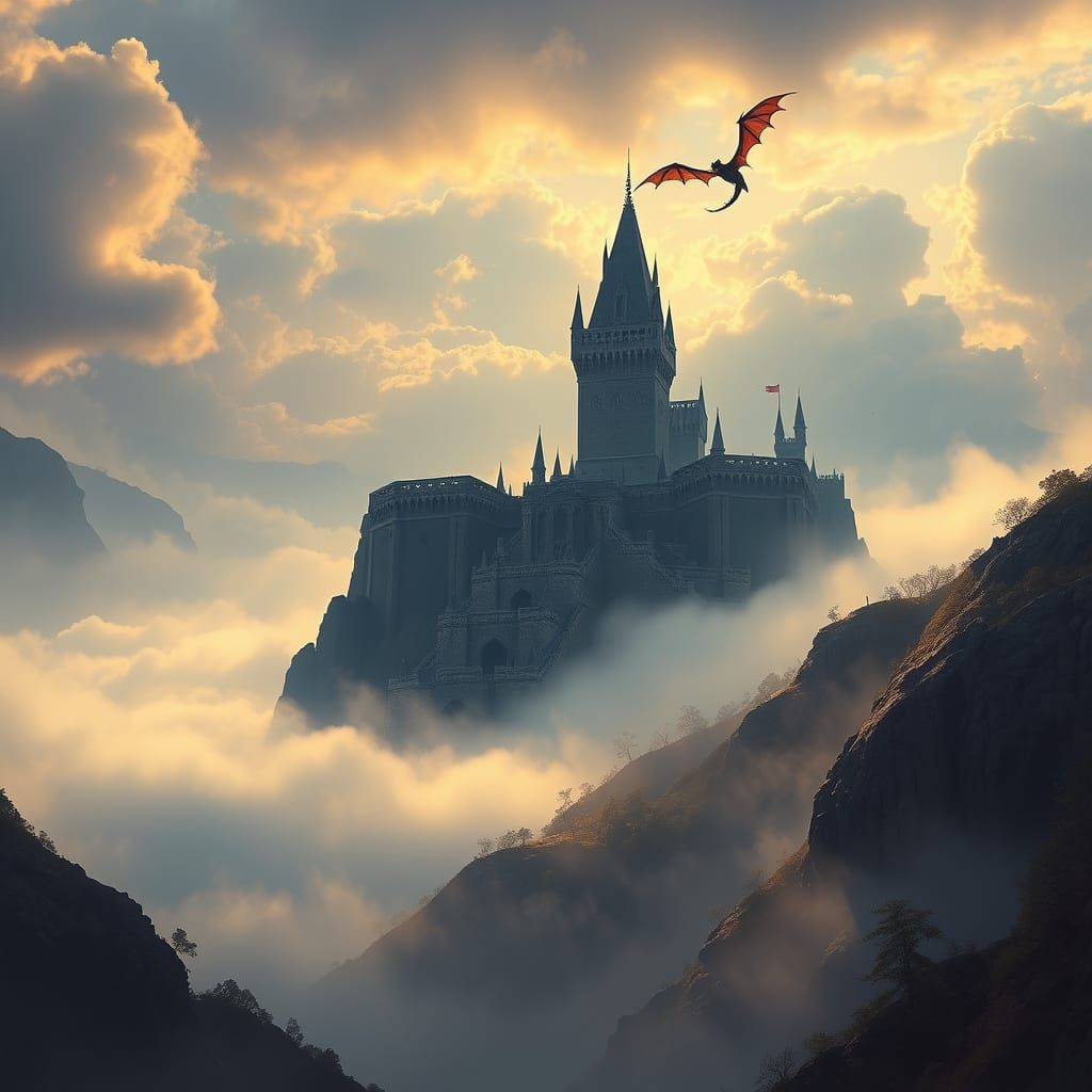 Majestic Castle Towers in Misty Valley, Fantasy Art