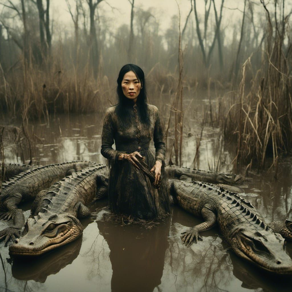 A Chinese Woman Surrounded by Alligators in a Dark and Foreb...