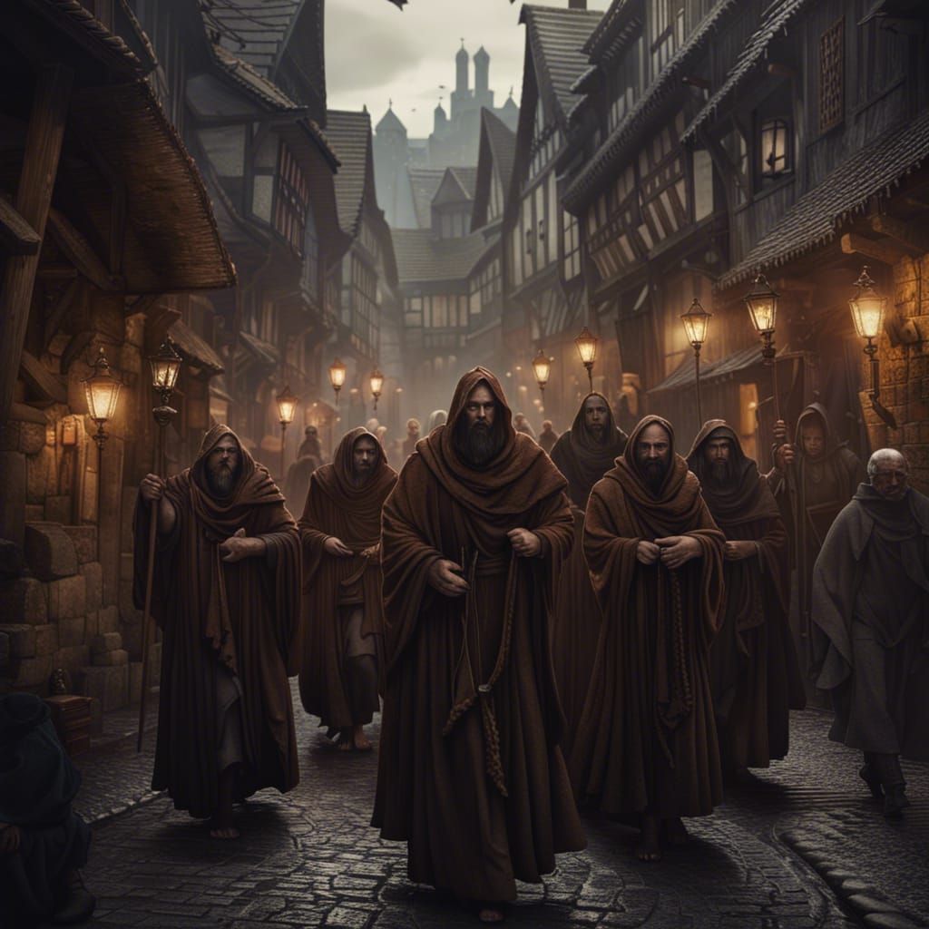 Sinister Monks in Dark Fantasy Medieval Town