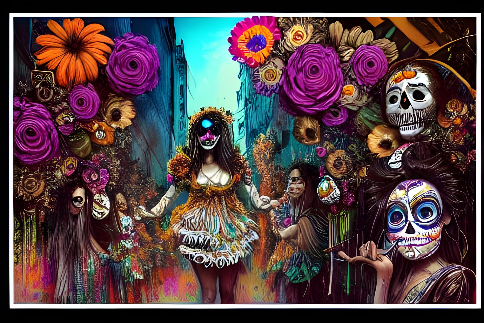 Vibrant Mexican Day of the Dead Celebration in a Grand Stree...