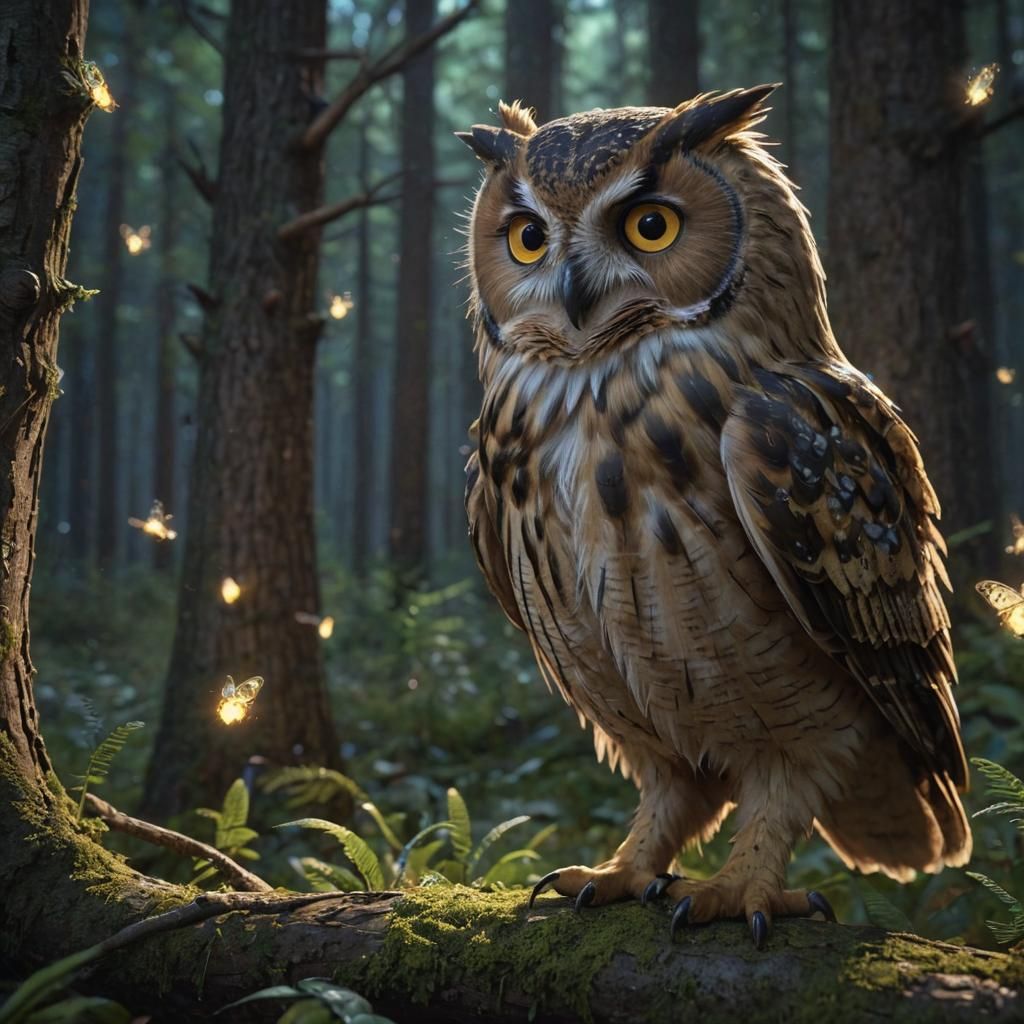 A Fluffy Owl in Moonlit Nightforest