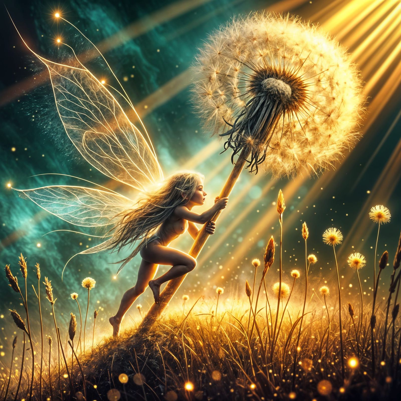 Radiant Fairy Ascends Dandelion in Vibrant Hyperrealistic Sc...