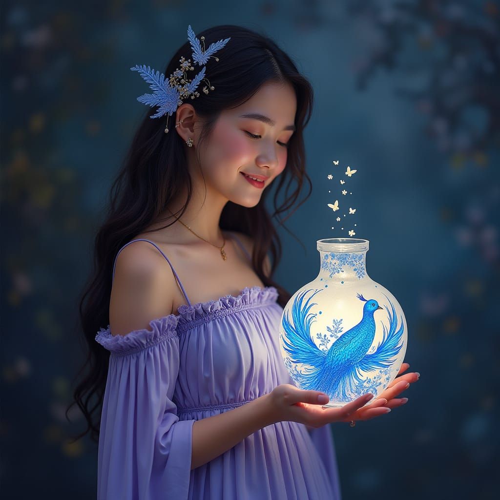 Enchantress with Lantern and Iridescent Bird