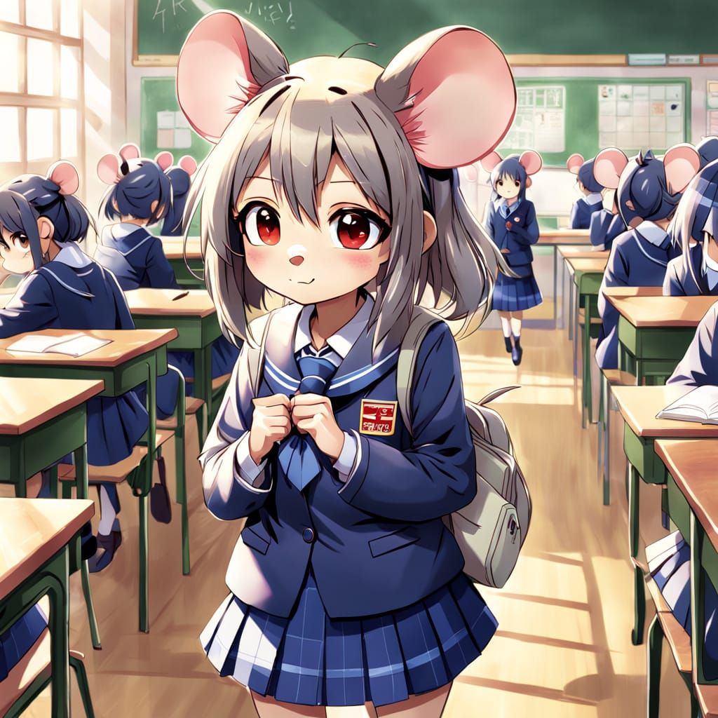 Shy Mouse Girl in Anime Style School Uniform