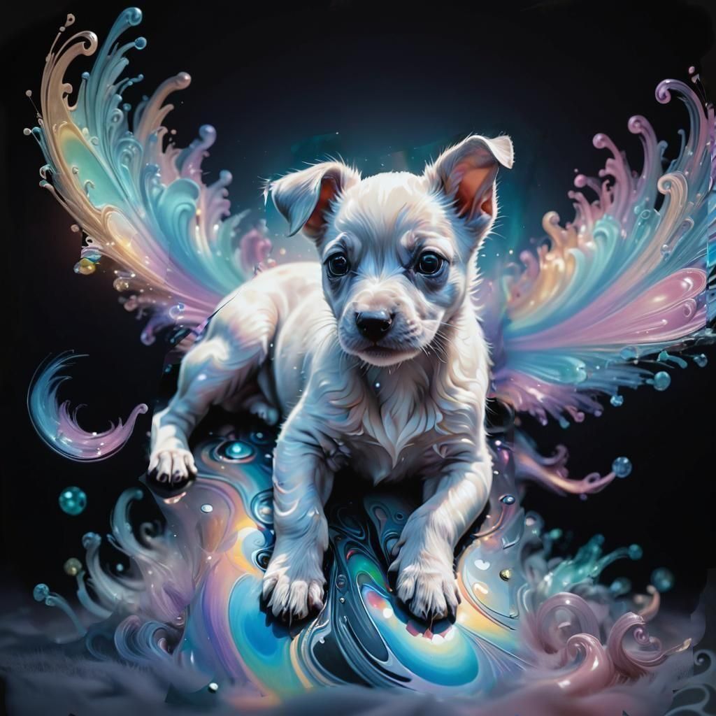 Whimsical Newborn Puppy with Swirling Iridescent Patterns